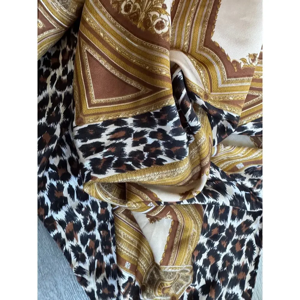 Leopard Print Chain Border Silk Feel Square Scarf Neutral Brown Black Wrap